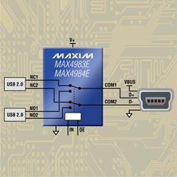 MAX4983E/MAX4984E:Maxim高速USB (USB 2.0) DPDT開關(guān)