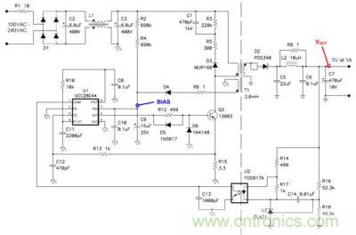 移動設(shè)備充電器所使用的一個5V/5W非連續(xù)反向電源的原理圖