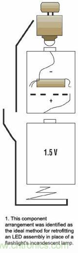 增壓電路在有兩節(jié)電池的手電筒中將代替的一節(jié)電池，LED裝置則代替白熾燈