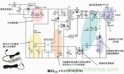 安森美半導(dǎo)體離線式第二代LED驅(qū)動(dòng)器NCP1014/1028的應(yīng)用示意圖。