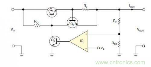 圖1：一個(gè)標(biāo)準(zhǔn)的線性穩(wěn)壓器直接將反饋連接到串聯(lián)導(dǎo)通晶體管上。