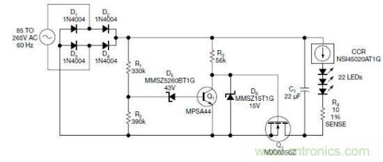 圖1：電路以恒流驅(qū)動一串LED，可用于全世界的各種交流電壓