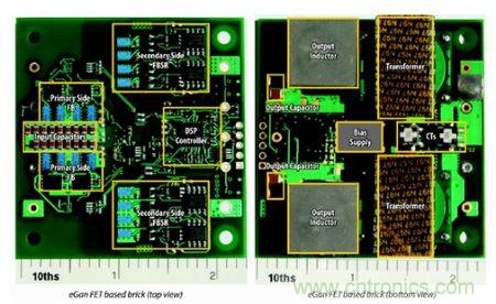 圖6：采用eGaN FET設(shè)計(jì)的48V至53V半磚PSE轉(zhuǎn)換器的頂視圖和底視圖(單位為英寸)。