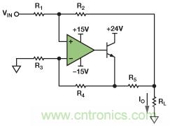 圖1. 改進(jìn)型Howland電流源驅(qū)動接地負(fù)載。