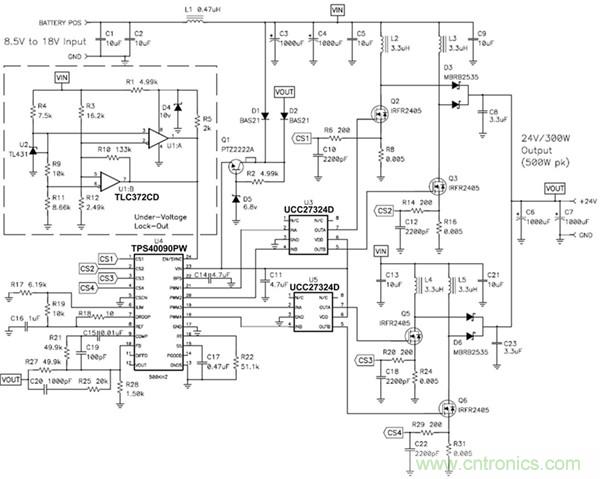 TPS40090 多相降壓控制器的 4 相、300W 升壓電源