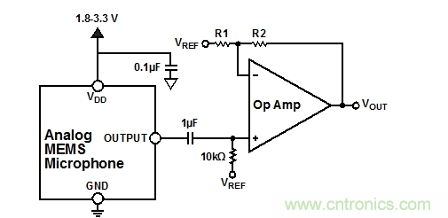 模擬麥克風(fēng)連接到同相運(yùn)放電路