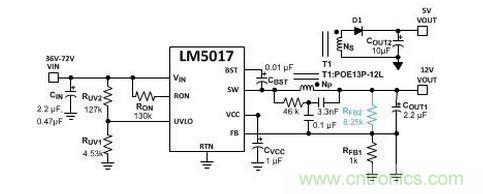 基于 LM5017 的 Fly-Buck 轉(zhuǎn)換器電路，沒有基于光耦合器的穩(wěn)壓電路