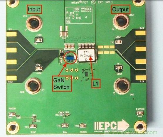 演示板用于顯示GaN的EMI。該GaN組件被圈定，我會在L1左側(cè)測量切換的波形。
