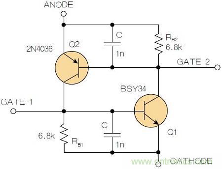 圖2：增加兩個電容值為1nF的SMD陶瓷電容器后，可以在ΔV達到10V的情況下防止導(dǎo)通。