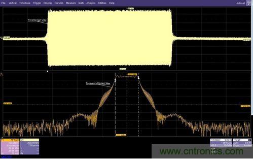 面的時域圖顯示了脈沖調(diào)制的射頻載波，下方的頻域圖顯示了在997MHz和1002MHz之間均勻分布的載頻