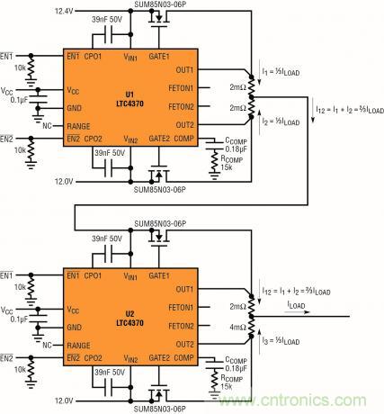 針對三個(gè)或四個(gè)電源的簡易平衡負(fù)載均分，即使電源電壓不等也絲毫不受影響