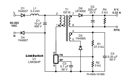 LinkSwitch-LP 系列旨在取代手機(jī)/無繩電話、PDA、數(shù)碼相機(jī)和便攜式音頻播放器等應(yīng)用中輸出功率 < 2.5 W 的低效線頻線性變壓器電源。LinkSwitch-LP 還可用作白色家電等應(yīng)用中的輔助電源。  LinkSwitch-LP 將高壓功率 MOSFET 開關(guān)與 ON/OFF 控制器集成在一個(gè)設(shè)備中。它完全由漏極引腳自供電，具有低 EMI 的抖動(dòng)開關(guān)頻率，并且具有全面的故障保護(hù)。自動(dòng)重啟可限制過載和輸出短路條件下的器件和電路耗散，而遲滯過溫保護(hù)會(huì)在熱故障期間禁用內(nèi)部 MOSFET。EcoSmart 技術(shù)使設(shè)計(jì)能夠輕松實(shí)現(xiàn) < 150 mW 的空載功耗，滿足能源效率要求。  LinkSwitch-LP 的設(shè)計(jì)目的是在輸出功率低于 2.5 W 時(shí)無需初級(jí)側(cè)鉗位電路，從而顯著減少組件數(shù)量和總系統(tǒng)成本。圖 1 顯示了基于 LinkSwitch-LP 的 2 W 電源，不帶初級(jí)側(cè)鉗位。LinkSwitch-LP 系列經(jīng)過優(yōu)化，當(dāng)變壓器上的輔助或偏置繞組提供反饋時(shí)，可提供近似的 CV/CC 輸出特性。這非常適合取代工頻變壓器的應(yīng)用，提供兼容的輸出特性，但過載、短路電流和輸入線電壓變化較小。  　  在無鉗位設(shè)計(jì)中使用 LinkSwitch-LP 的基本電路原理圖。  快速開始  　 LinkSwitch-LP 反激式設(shè)計(jì)流程圖