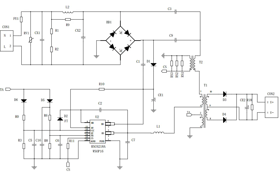 一、LED驅(qū)動模塊RSC6218A REASUNOS(瑞森半導體)通過持續(xù)投入研發(fā)，提升LLC應用技術(shù)，集成控制芯片與功率轉(zhuǎn)換，成功推出新一代產(chǎn)品RSC6218A WSOP-16，延續(xù)瑞森LLC拓撲方案，時機趨勢完全迎合我國雙碳政策，電氣特性契合新版國標GB/T 17625.1-2022和歐盟新版ERP認證EU2019/2020雙重法規(guī)，專為中小功率的產(chǎn)品提供優(yōu)秀的方案；接下來會分幾個篇章持續(xù)介紹新方案產(chǎn)品的應用資料和設計實例分享：  RSC6218A功率模塊內(nèi)部集成CS-CP-LLC電源半橋模塊和功率轉(zhuǎn)換模塊，延續(xù)瑞森主題設計方向單級實現(xiàn)高PF無頻閃技術(shù)和LLC諧振軟開關(guān)技術(shù)方案：該型號適用于5-18W功率段；具備高轉(zhuǎn)換效率(90%+)，高PF(>0.96)，低THD(<10%)，小型化(縮小PCB面積10-25%)，通過優(yōu)化產(chǎn)品內(nèi)部設計提升產(chǎn)品內(nèi)部功率器件的開啟與關(guān)閉性能，避免干擾發(fā)生，最高工作頻率達200KHZ，實現(xiàn)WSOP-16封裝兼顧散熱與小型化；并且內(nèi)部可自動設置死區(qū)時間，讓方案可靠易設計。 產(chǎn)品可廣泛應用于： 1.護眼系列燈具：如教室燈、辦公燈、護眼臺燈、壁燈、閱覽室燈等； 2.家居類燈具：如客廳燈、臥室燈、兒童房燈、廚房燈、走廊燈等； 3.軌道類燈具：地鐵照明、高鐵照明、隧道照明、車站照明等； 4.商照類燈具：筒燈、射燈、投射燈、 亮化燈、防爆燈等； 方案起到提供高效，穩(wěn)定，長壽命的作用。 二、產(chǎn)品功能框架  三、IC各PIN腳功能說明  PIN1 PGND 功率地，內(nèi)部是連接低邊MOS的S端地線； PIN2  NC  PIN3  HS 半橋MOS低邊漏極PIN； PIN4  HS 半橋MOS低邊漏極PIN； PIN5  HS 半橋MOS高邊源極PIN； PIN6  HS 半橋MOS高邊源極PIN； PIN7  NC  PIN8  HO 半橋MO高邊漏極； PIN9  HO 半橋MOS高邊漏極； PIN10 HB 半橋驅(qū)動高邊電源，通過外置的一個二極管與電容組成自舉回路，為高邊 MOS 的開啟提供電平； PIN11 VIN 高壓啟動的輸入腳，最高耐壓可達DC600V，啟動電流在1.7mA，一般應用是從高壓電解處串接一個1206100K電阻引到PIN1，在整個環(huán)路還未建立起來時，是靠這個引腳的供電通過內(nèi)部連接到PIN6VCC，然后把VCC電容慢慢充電到芯片的啟動電壓后，芯片開始工作。整個環(huán)路建立起來后，VIN腳內(nèi)部關(guān)斷，VCC 通過外部變壓器輔助繞組供電維持正常工作； PIN12  VCC 信號電源引腳， 工作電壓范圍 8-20V，工作電流在 0.8mA，靜態(tài)工作電流是 720uA； PIN13  NC DT懸空腳； PIN14 FB  電壓反饋輸入，VFB中心值是1.2V，該引腳的功能主要是限定空載電壓的最大幅度，該芯片空載保護屬于打嗝模式，可以有效降低空載損耗，能效要求輕松符合小于0.5W的要求； PIN15  CS 電流采樣正弦波信號輸入該PIN腳是通過線路中的互感電感采樣得到全波的正弦波信號， 通過電阻轉(zhuǎn)換為電壓信號后，輸入到CS PIN腳， 內(nèi)部連接到壓控振蕩器，根據(jù)輸入進來的電壓幅值大小，以及正弦波的頻率，壓控振蕩器輸出對應的方波來控制LG與HG端的MOS開關(guān)頻率，實現(xiàn)恒流調(diào)節(jié)控制； PIN16  AGND 信號地參考電平，主要連接 VCC，F(xiàn)B 對應 PIN 腳的元件地線。 四、關(guān)鍵PIN腳參數(shù)設定范圍  五、典型應用原理圖  關(guān)注瑞森半導體公眾號，接下來持續(xù)分享具體案例的設計參考文檔，攜手各伙伴們實現(xiàn)新版國標GB/T17625.1-2022的順利達標，為工程師縮短開發(fā)周期，讓工廠端得到滿意的產(chǎn)品，給客戶一個滿意的答卷，得到需要的利潤空間。